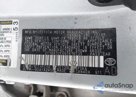 2006 Toyota Corolla S z USA, uszkodzony, nr VIN 2T1BR32E66C616535